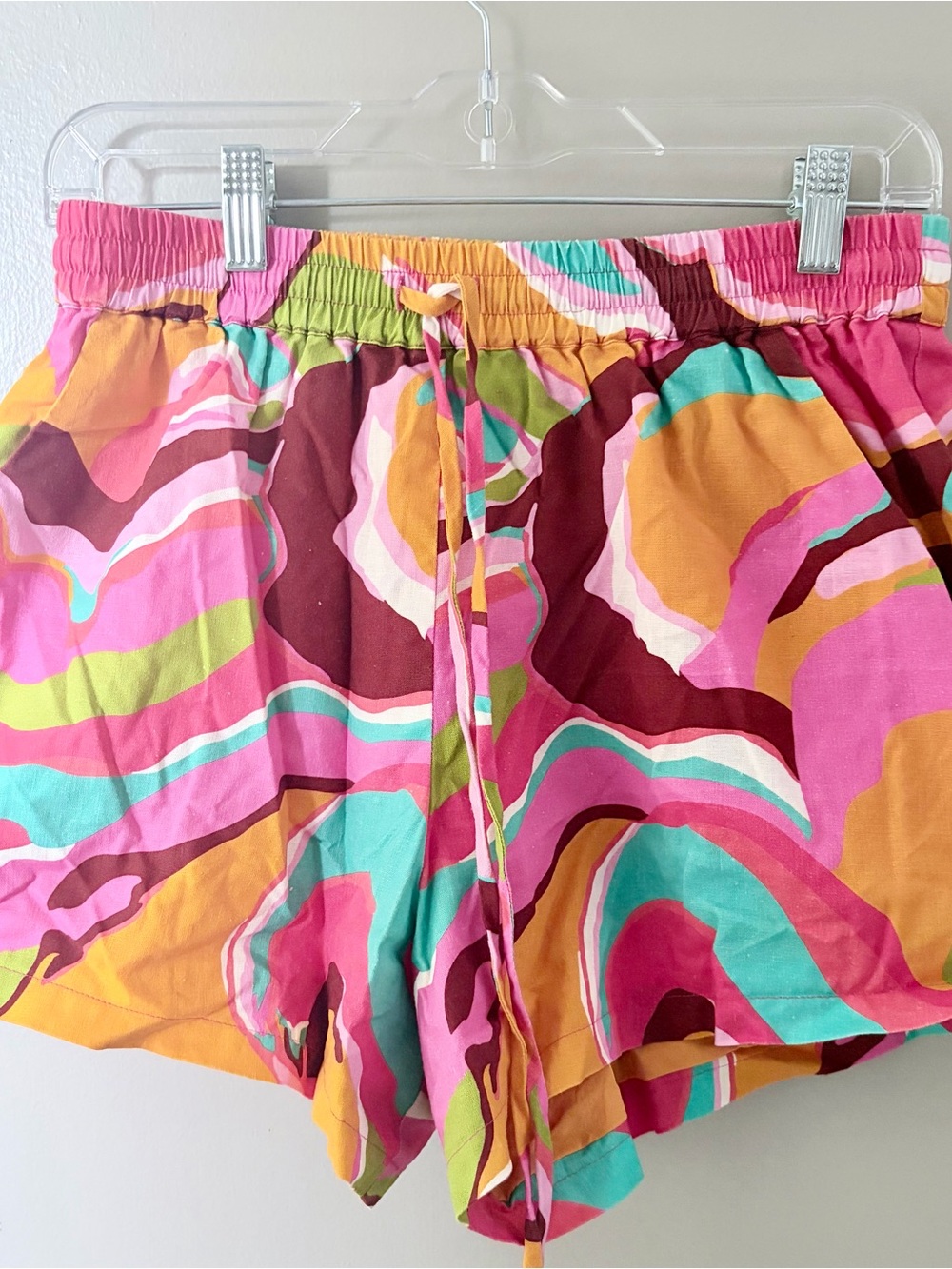 CROSBY by Mollie Burch Boho Abstract Swirl Shorts Medium Pink Yellow Linen Blend